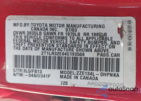 2004 Toyota Matrix Xr из США, поврежденный, VIN 2T1LR32E64C193506